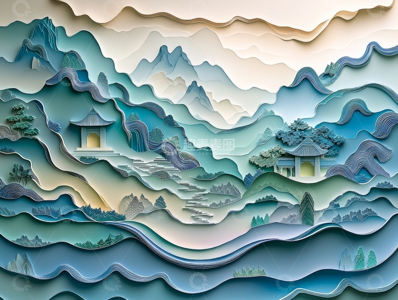 高清大图下载【趣麦麦图】层叠山水间的古亭与绿树