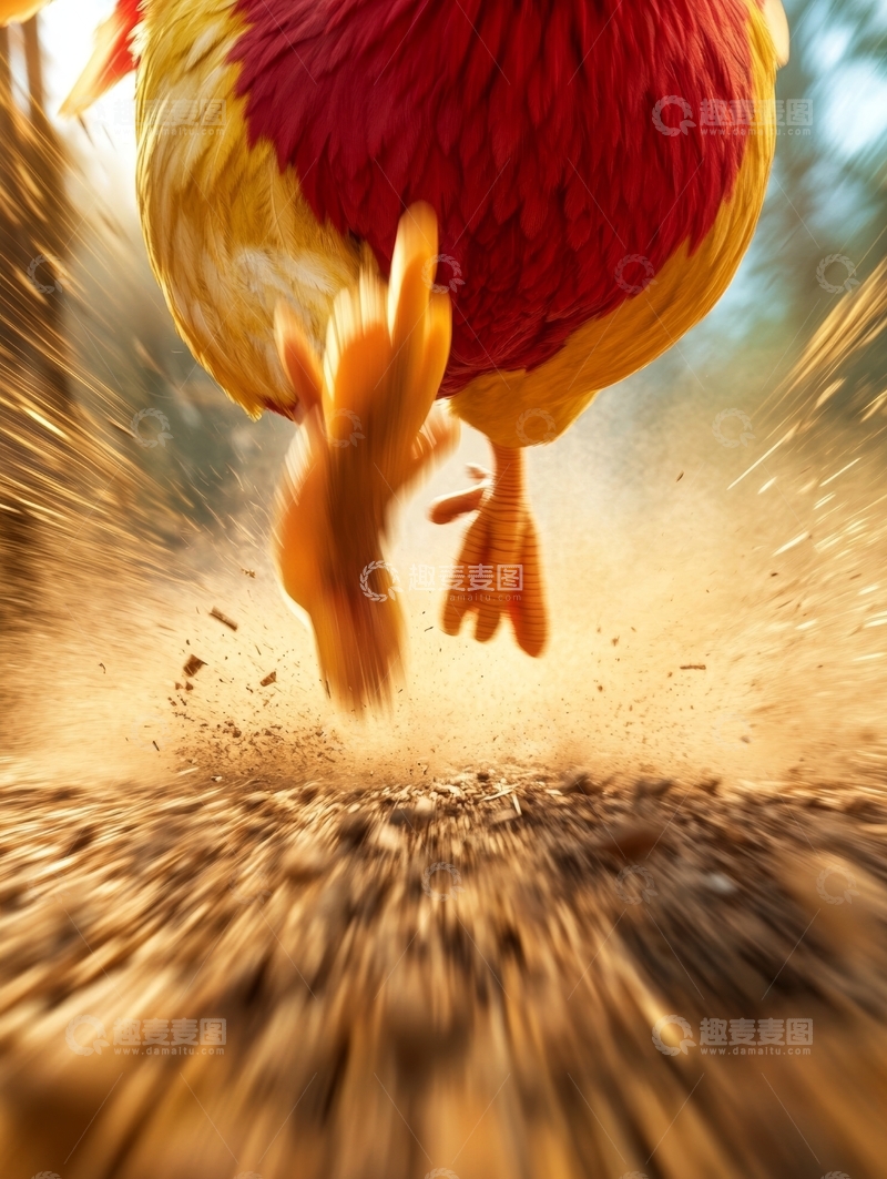 高清大图下载【趣麦麦图】公鸡跃起瞬间，尘土飞扬