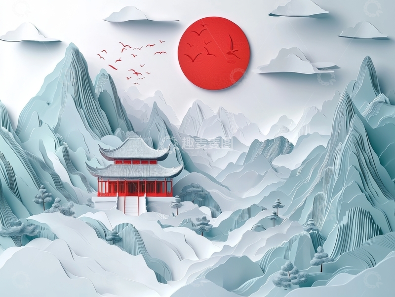 高清大图下载【趣麦麦图】雪山红日下的古亭