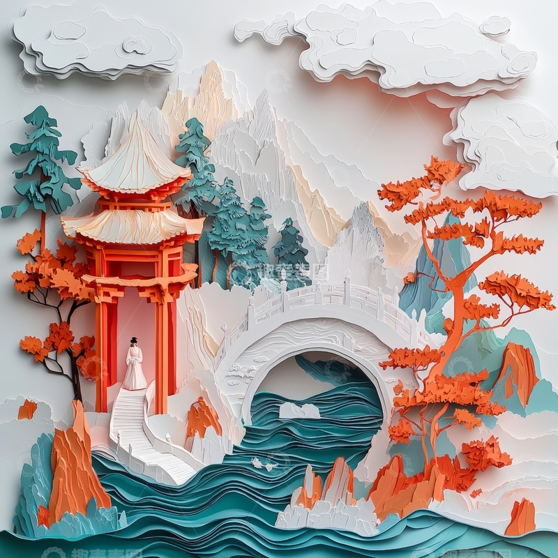 高清大图下载【趣麦麦图】纸艺山水画中的红亭与拱桥