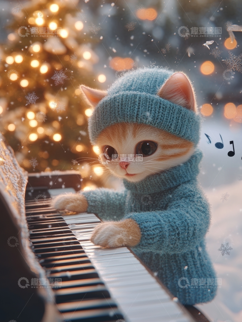 高清大图下载【趣麦麦图】猫咪弹奏钢琴，冬日雪景温馨画面