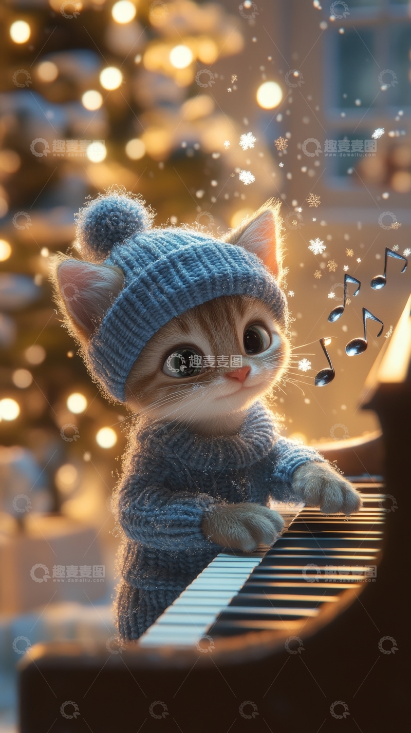 高清大图下载【趣麦麦图】小猫弹钢琴，温馨节日氛围