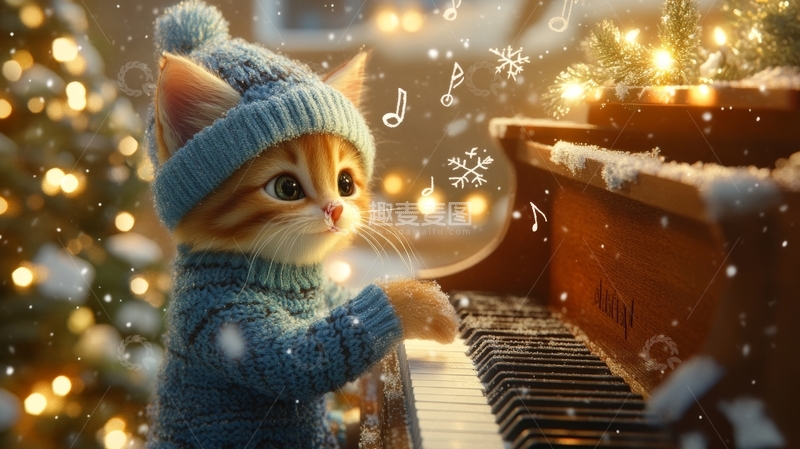 高清大图下载【趣麦麦图】戴帽小猫弹钢琴，雪夜温馨场景