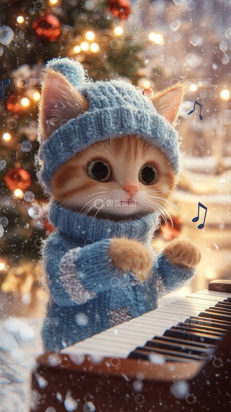 高清大图下载【趣麦麦图】戴帽小猫弹钢琴，雪夜温馨场景