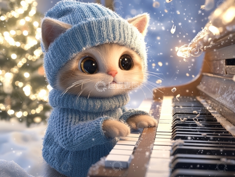 高清大图下载【趣麦麦图】戴帽小猫弹钢琴