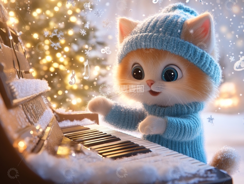 高清大图下载【趣麦麦图】戴帽小猫弹奏钢琴