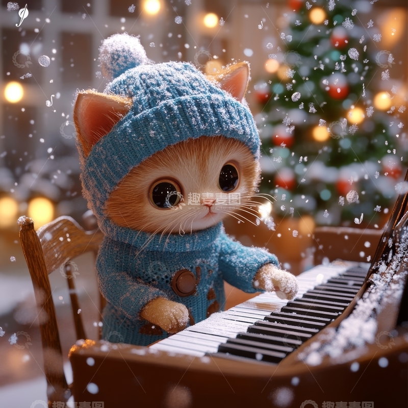 高清大图下载【趣麦麦图】戴帽小猫弹钢琴，雪夜温馨场景