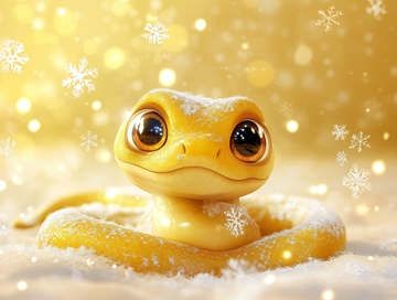 雪中可爱的黄色小蛇