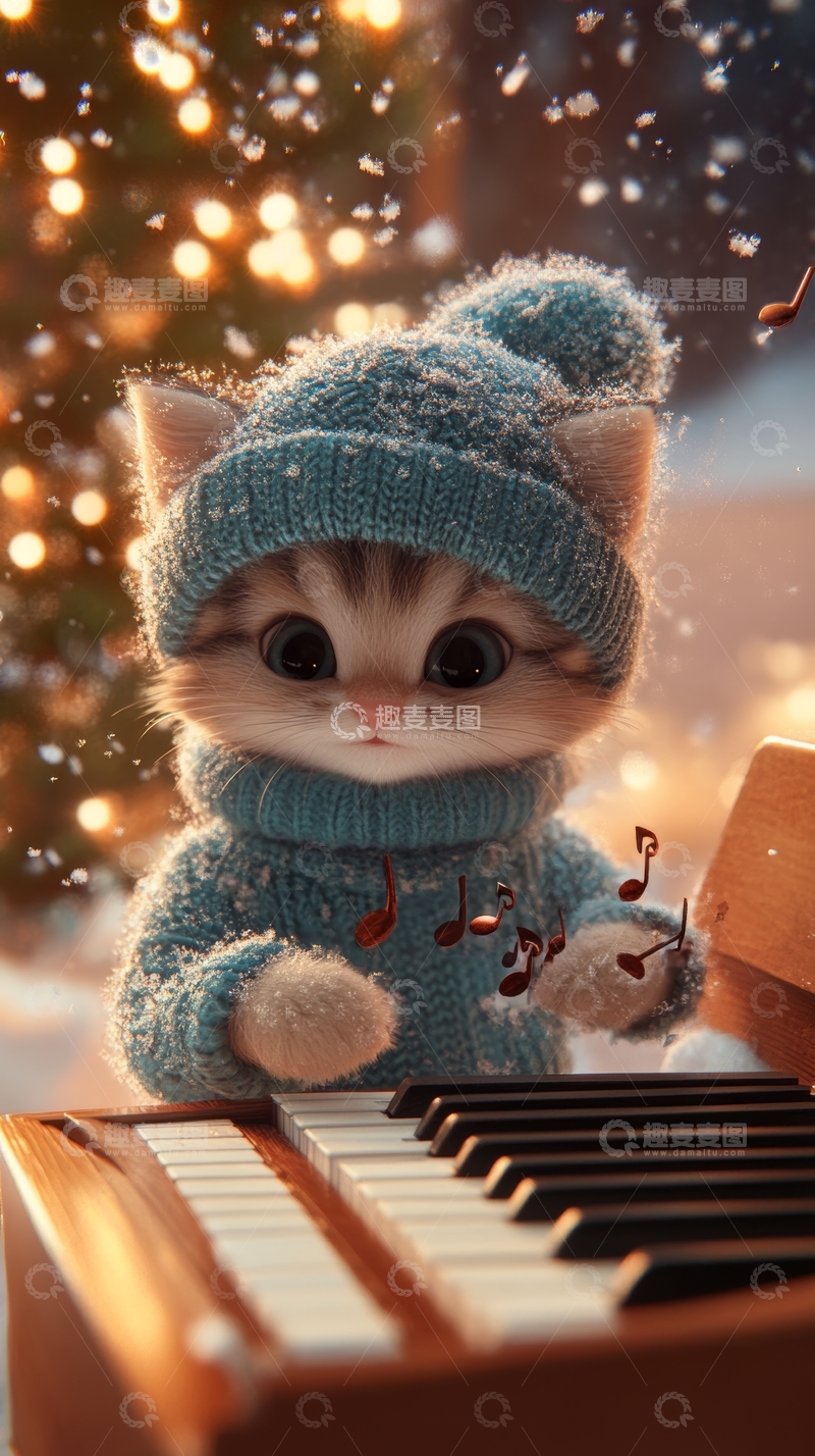 高清大图下载【趣麦麦图】戴帽小猫弹奏钢琴