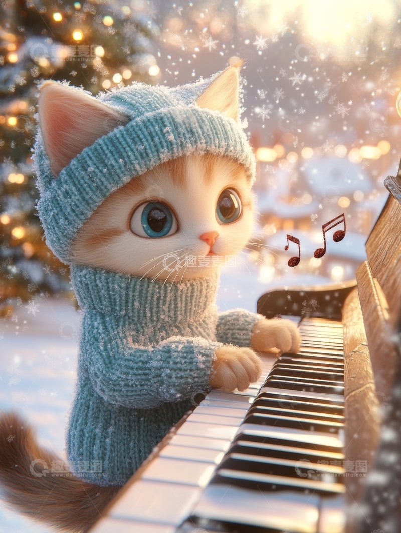 高清大图下载【趣麦麦图】小猫弹钢琴，冬日雪景