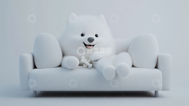 高清大图下载【趣麦麦图】白色毛绒玩具熊坐在沙发上
