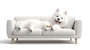 白色小狗躺在沙发上吃零食