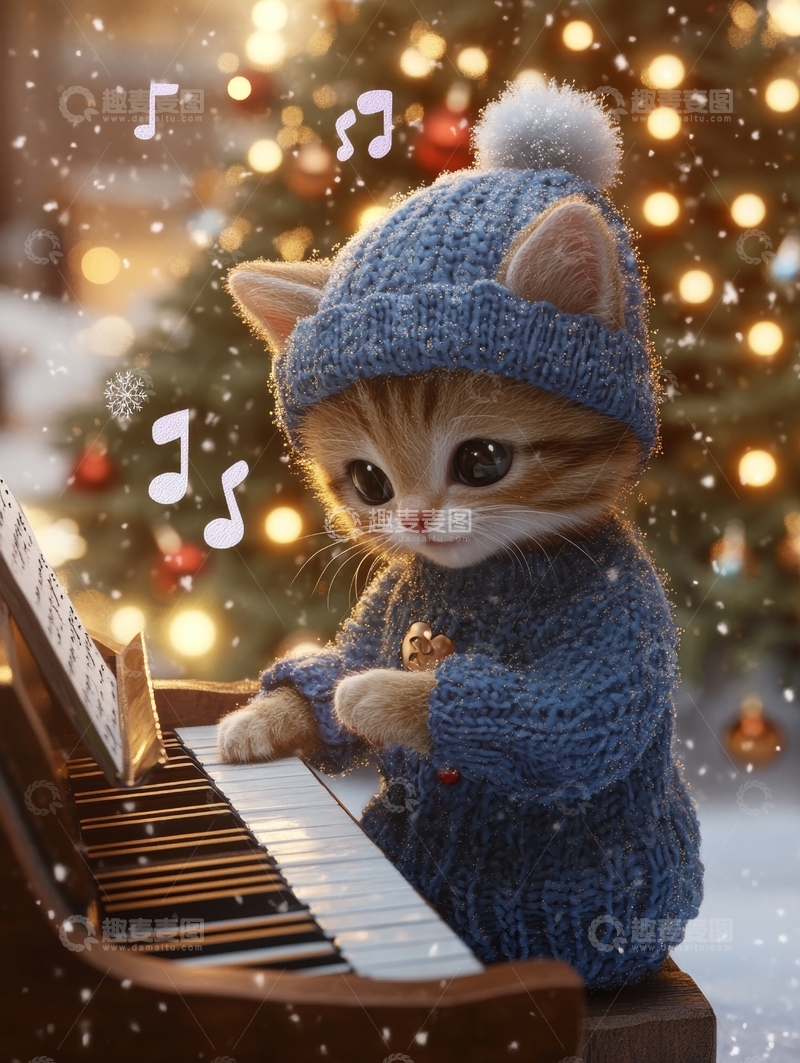 高清大图下载【趣麦麦图】小猫弹钢琴，冬日温馨场景