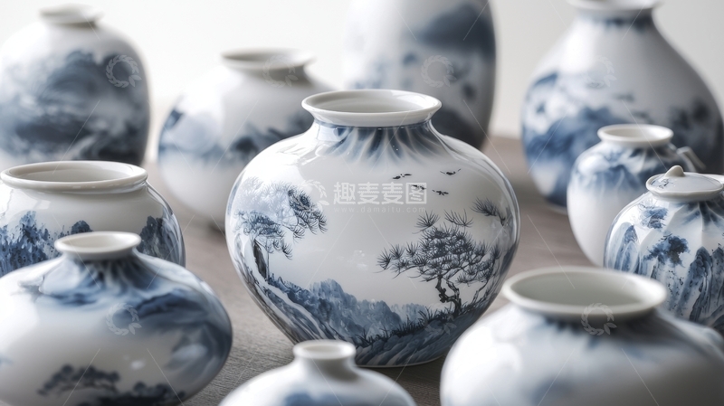 高清大图下载【趣麦麦图】青花瓷瓶群摆设