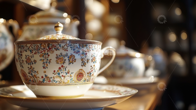 高清大图下载【趣麦麦图】精致的花卉图案茶杯与茶壶