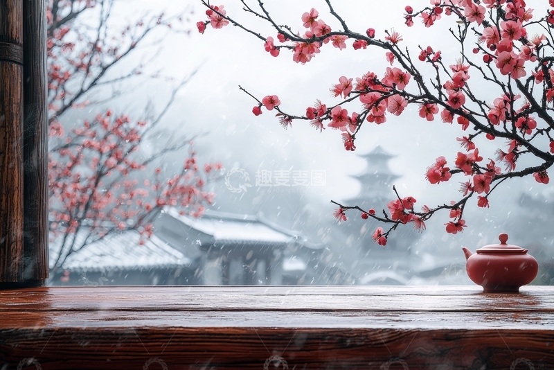 高清大图下载【趣麦麦图】雪中窗景，红梅与茶壶