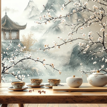 茶具静置窗前，窗外梅花与古塔