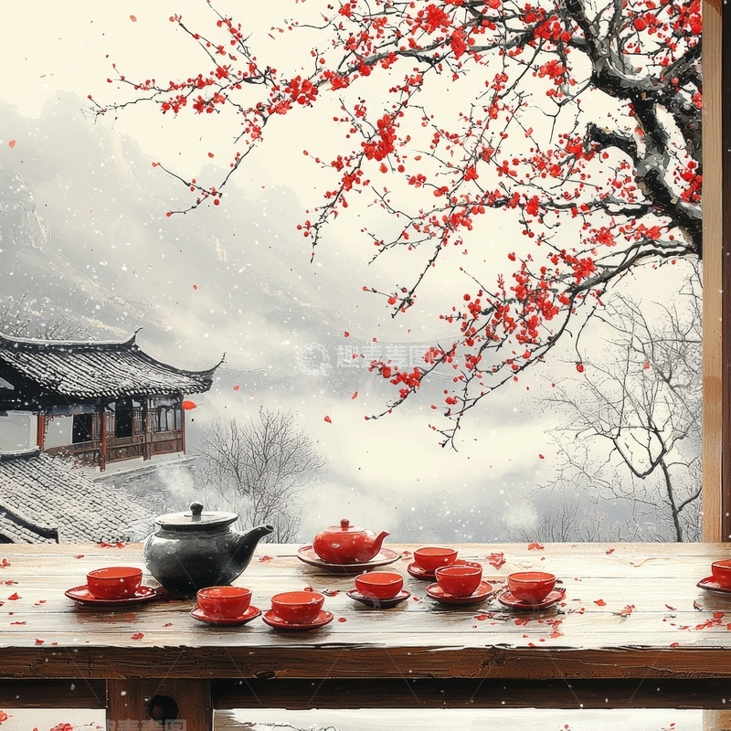 高清大图下载【趣麦麦图】雪中茶会，红梅映衬古建筑