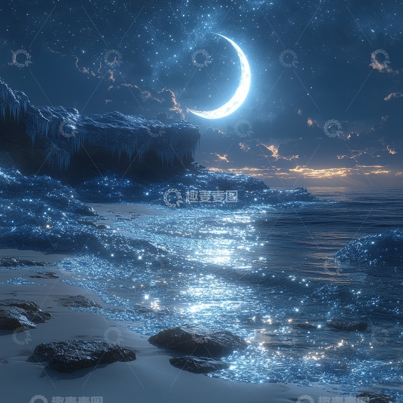 高清大图下载【趣麦麦图】月夜海滨，星光闪烁