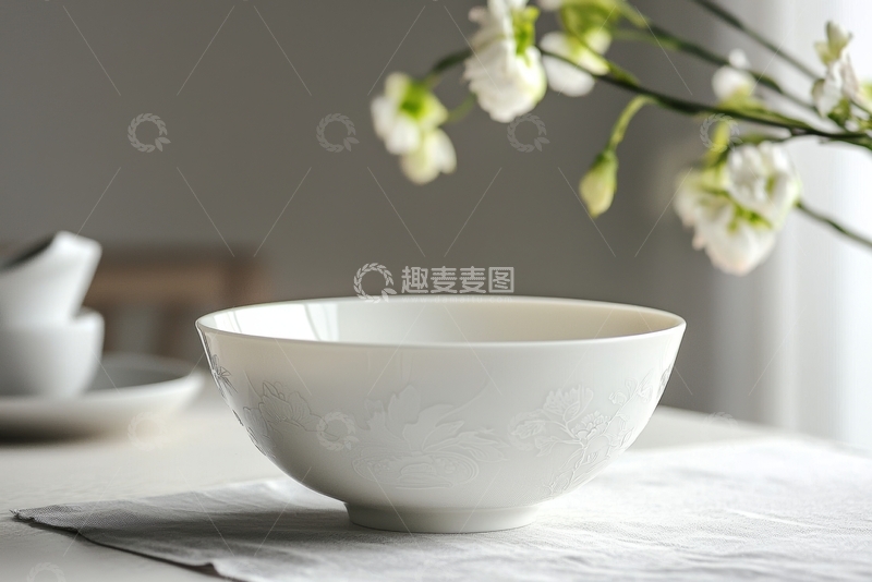 高清大图下载【趣麦麦图】白色瓷碗与淡雅花卉静物
