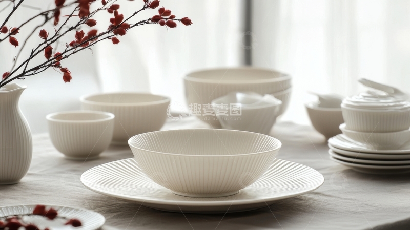 高清大图下载【趣麦麦图】简约白色餐具摆放在木质桌面上