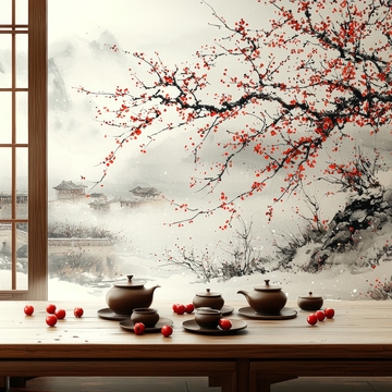茶具静置窗前，红梅映衬雪景