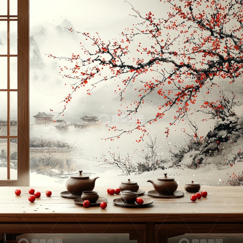 高清大图下载【趣麦麦图】茶具静置窗前，红梅映衬雪景