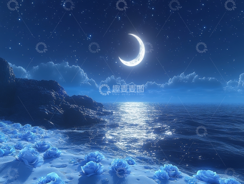 高清大图下载【趣麦麦图】月夜海景与蓝色玫瑰