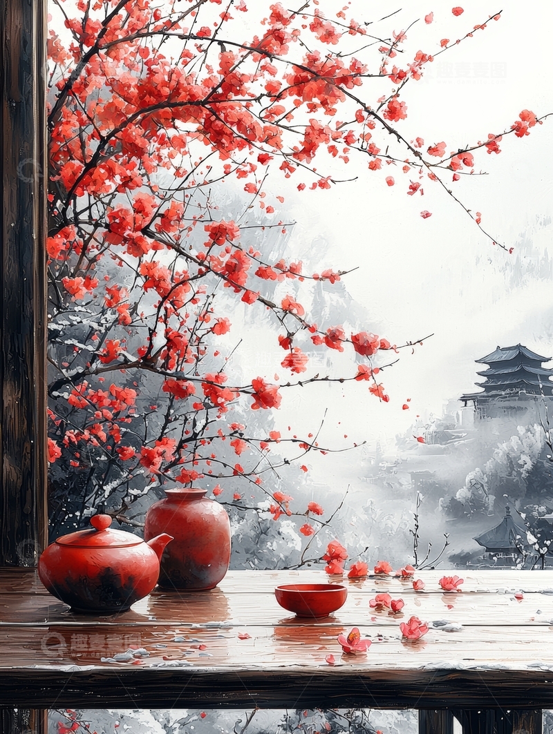 高清大图下载【趣麦麦图】窗前红梅与古风茶具