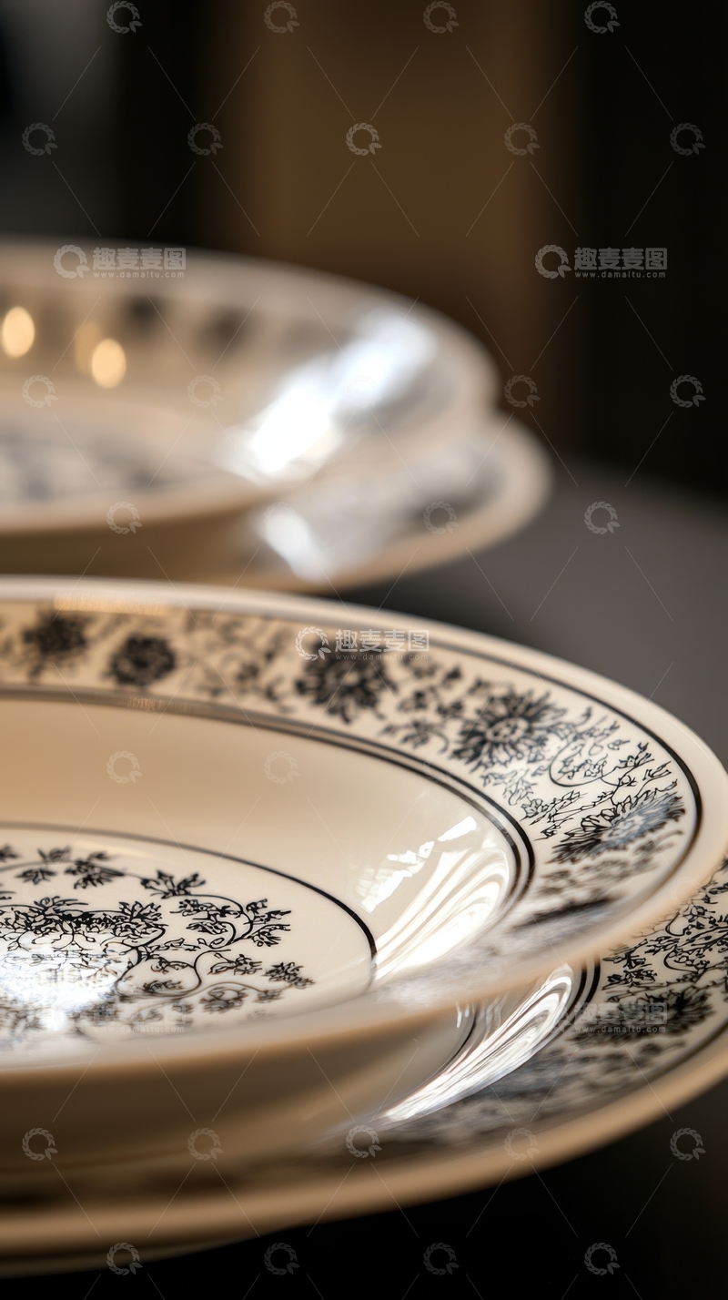 高清大图下载【趣麦麦图】精致的黑白花纹瓷盘叠放特写