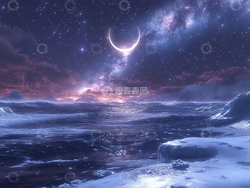 高清大图下载【趣麦麦图】夜空下的海洋与新月