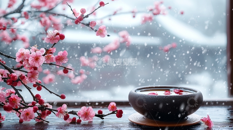 高清大图下载【趣麦麦图】雪中梅花与茶碗静谧场景