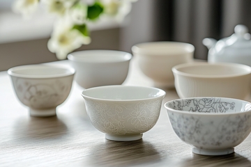 精致陶瓷茶具摆放在木质桌面上