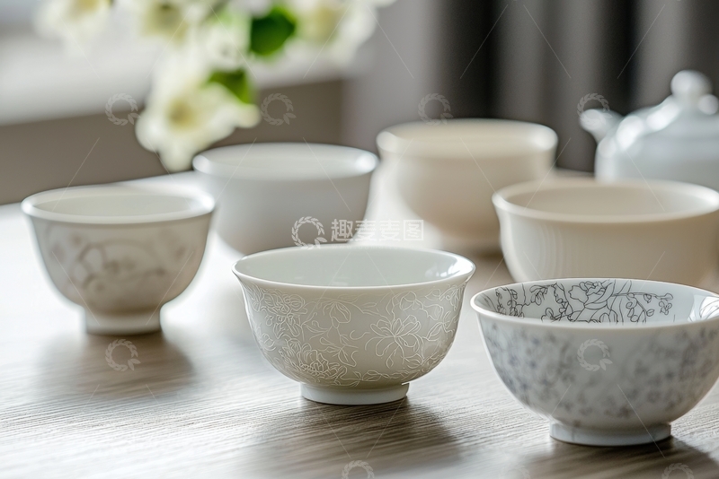 高清大图下载【趣麦麦图】精致陶瓷茶具摆放在木质桌面上
