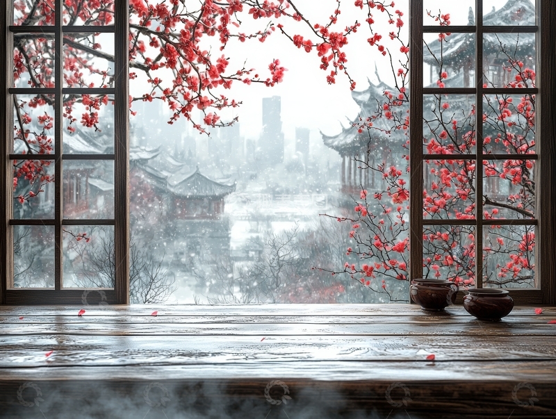 高清大图下载【趣麦麦图】窗前红梅映古建筑