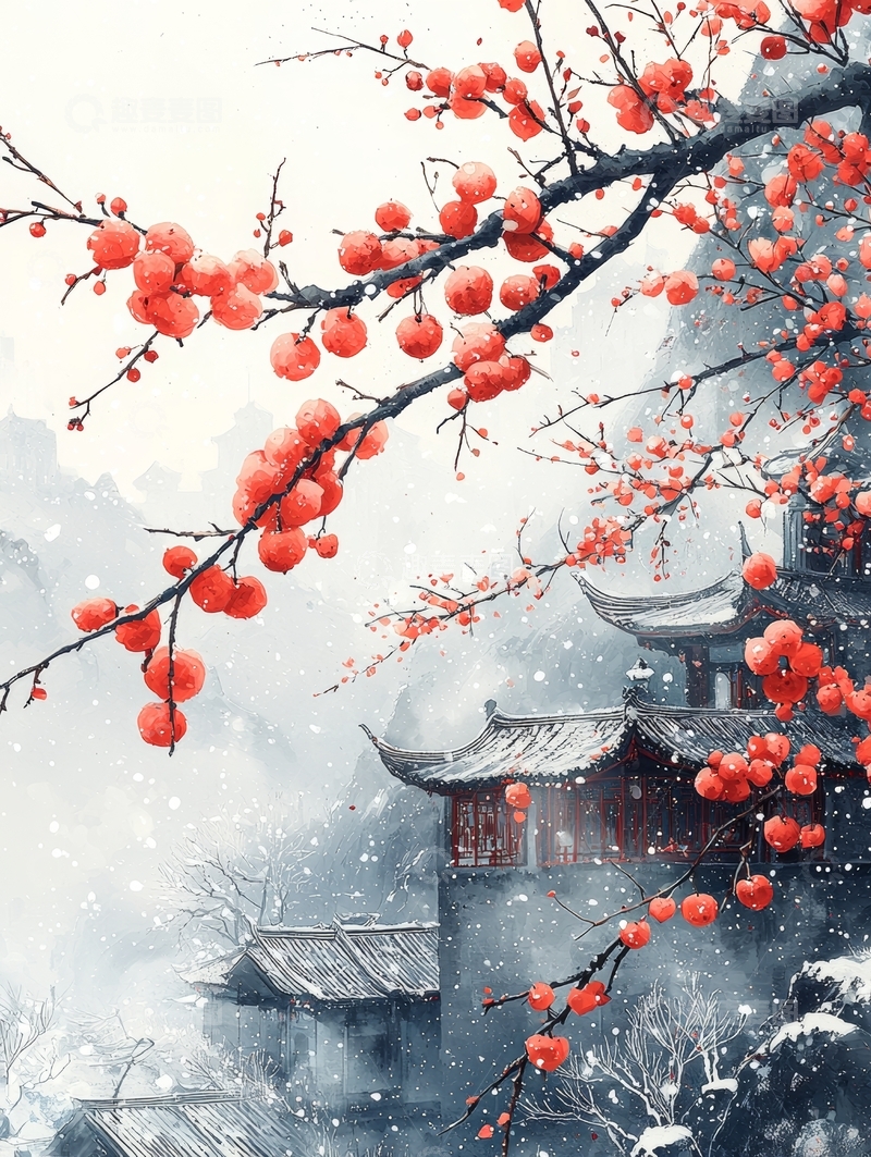 高清大图下载【趣麦麦图】雪中古塔与红果枝头