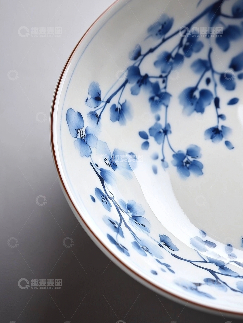 高清大图下载【趣麦麦图】青花瓷碗上的蓝色花卉图案