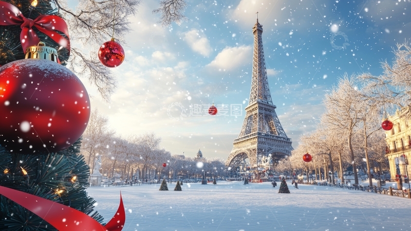 高清大图下载【趣麦麦图】雪景中的埃菲尔铁塔与圣诞装饰