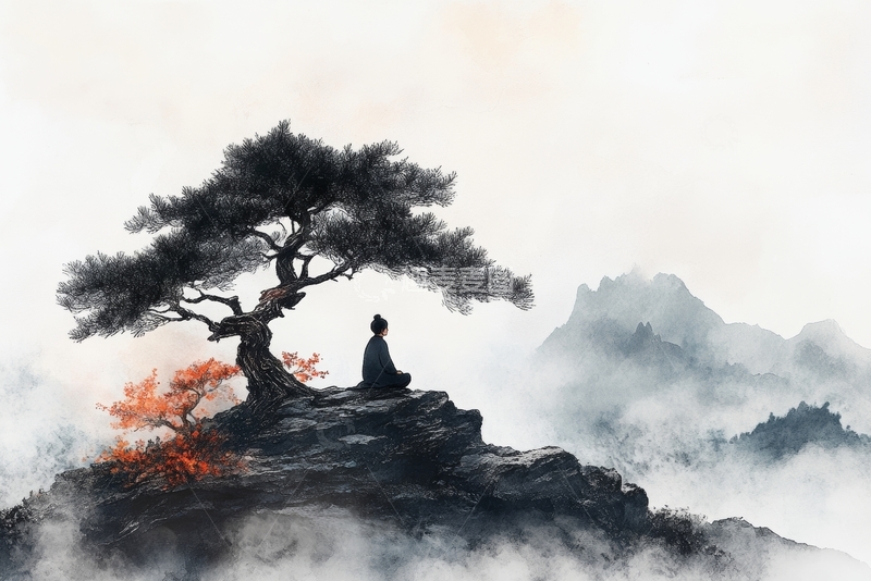 高清大图下载【趣麦麦图】山巅独坐，松树相伴