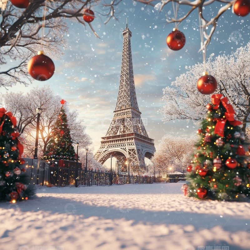 高清大图下载【趣麦麦图】雪景中的埃菲尔铁塔与圣诞树