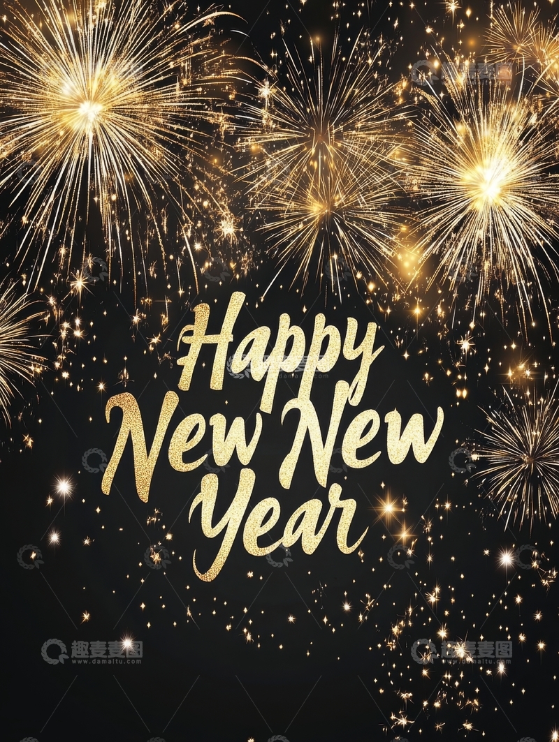 高清大图下载【趣麦麦图】金色烟花背景下的新年祝福