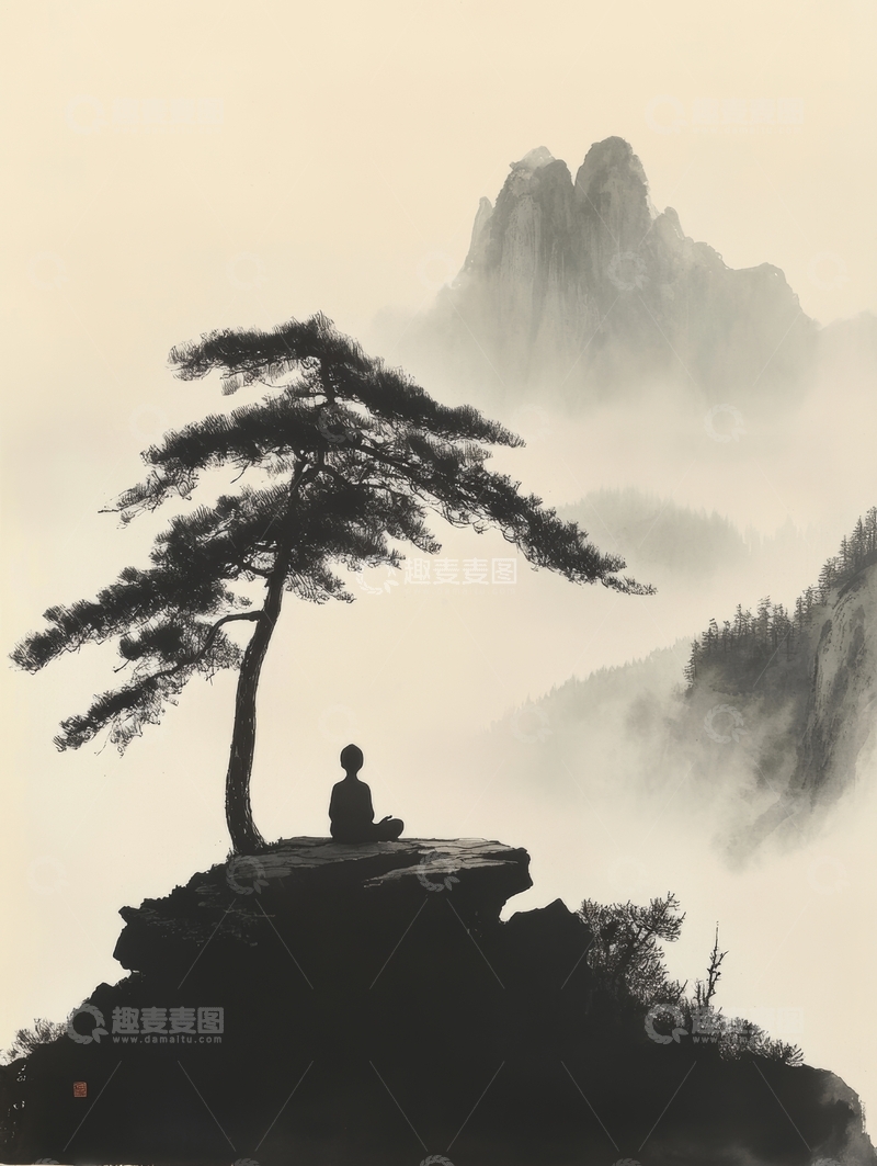 高清大图下载【趣麦麦图】山巅孤树旁静坐之人