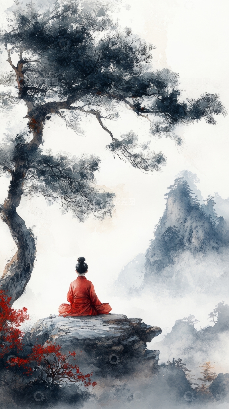 高清大图下载【趣麦麦图】山间松下，红衣人静坐冥想