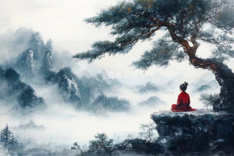 高清大图下载【趣麦麦图】山巅静坐，云海松影