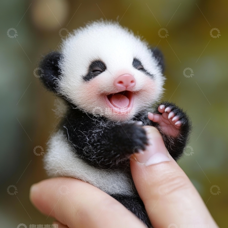 高清大图下载【趣麦麦图】手捧可爱熊猫幼崽，张嘴大笑