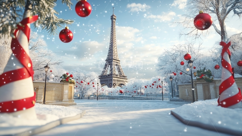 高清大图下载【趣麦麦图】雪景中的埃菲尔铁塔与圣诞装饰