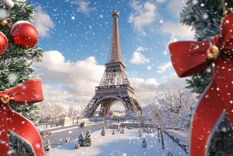 高清大图下载【趣麦麦图】雪景中的埃菲尔铁塔与圣诞装饰