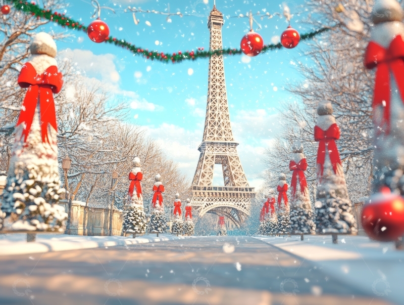 高清大图下载【趣麦麦图】雪景中的埃菲尔铁塔与圣诞装饰