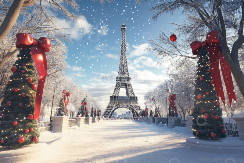 高清大图下载【趣麦麦图】雪中巴黎铁塔与圣诞树