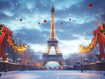 雪夜巴黎铁塔与节日装饰